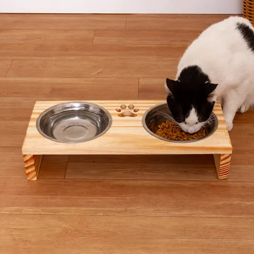 Comedouro P/ Gato Cachorro Pet Elevado Duplo 2 Potes Madeira